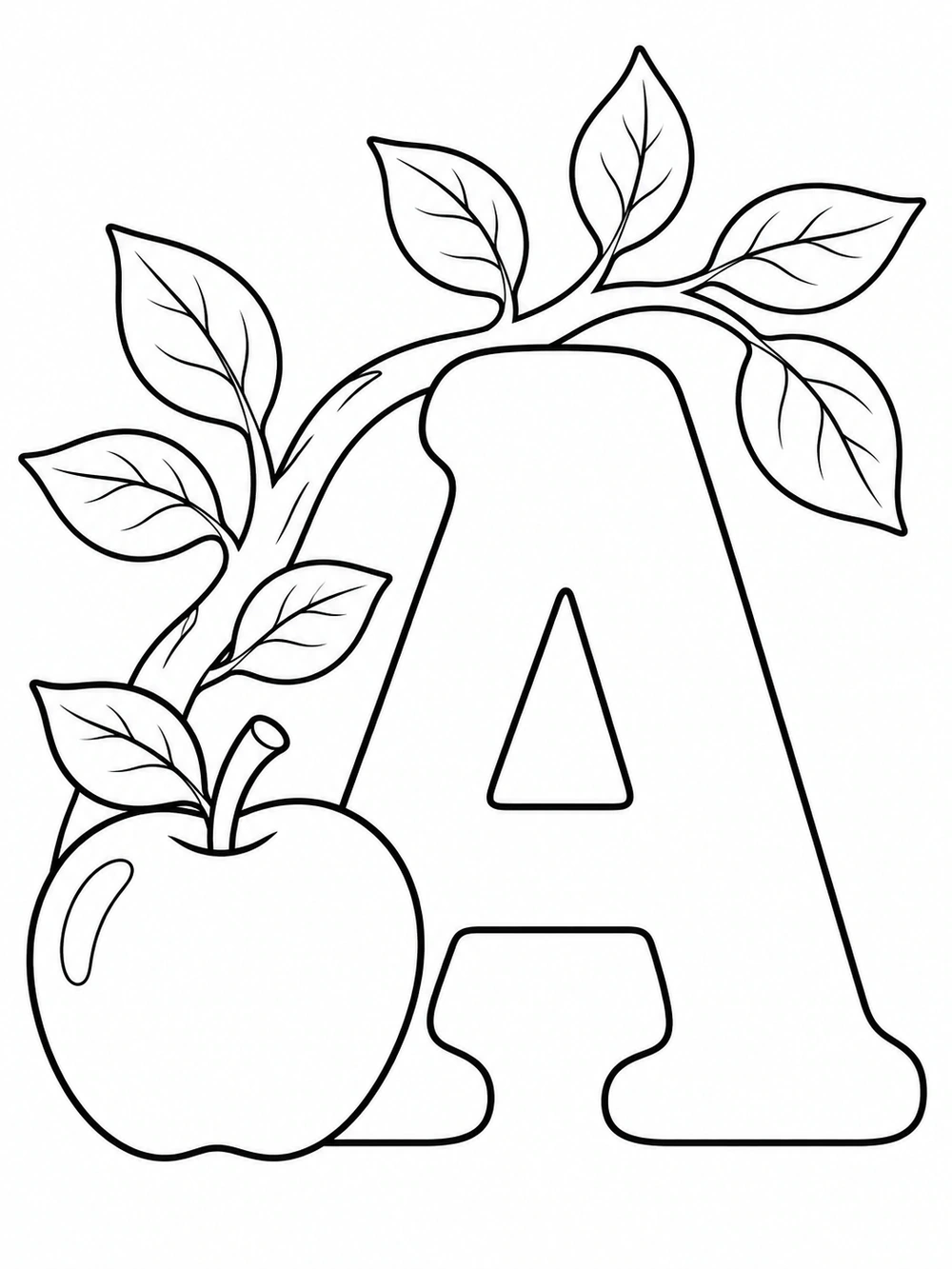 Large letter A with an apple and leafy branch