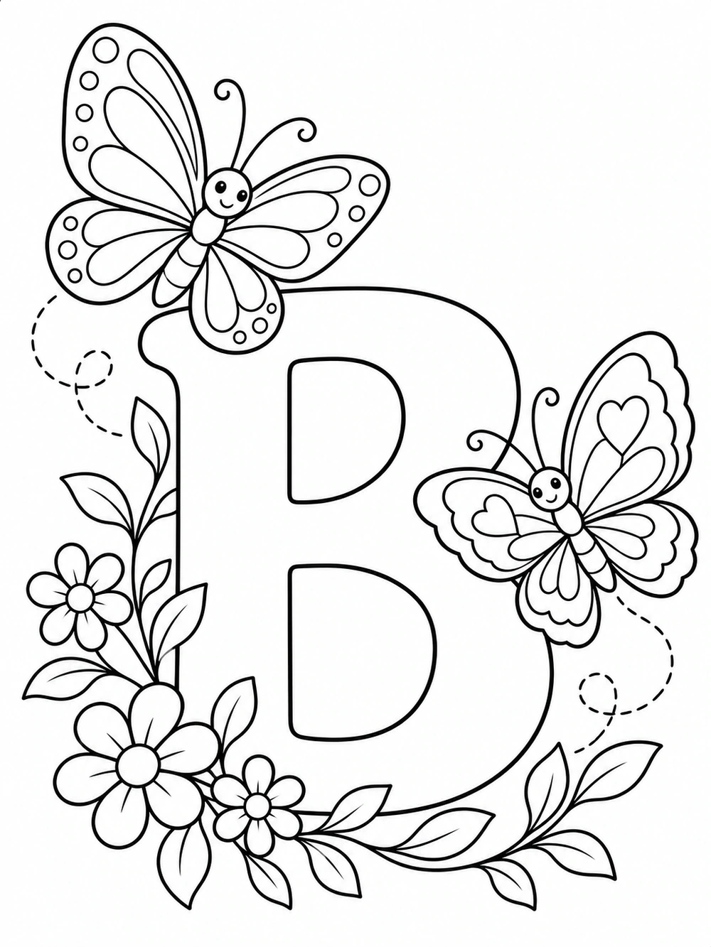 Large uppercase B surrounded by two patterned butterflies, flowers, and leaves in black outlines.