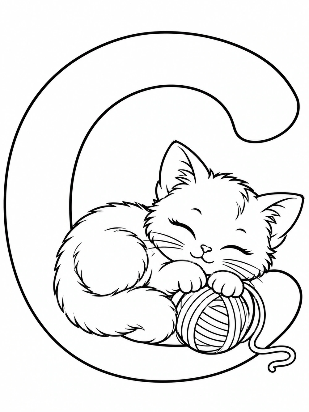 Black-and-white coloring page showing a curled-up kitten holding a ball of yarn inside a large uppercase C.