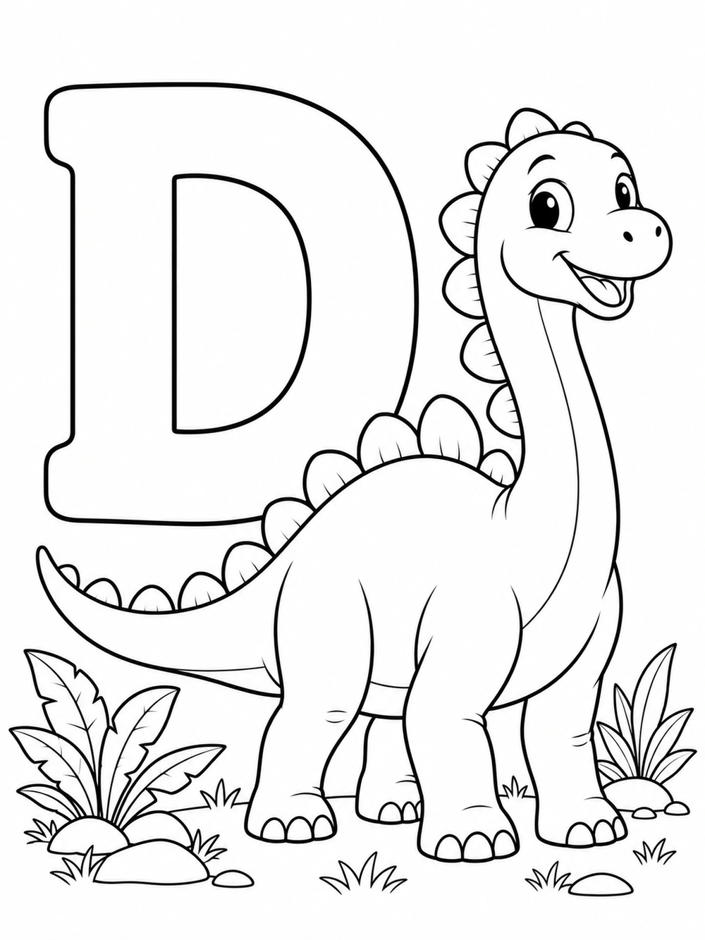 Large uppercase D beside a smiling upright dinosaur with rounded back plates and simple plants