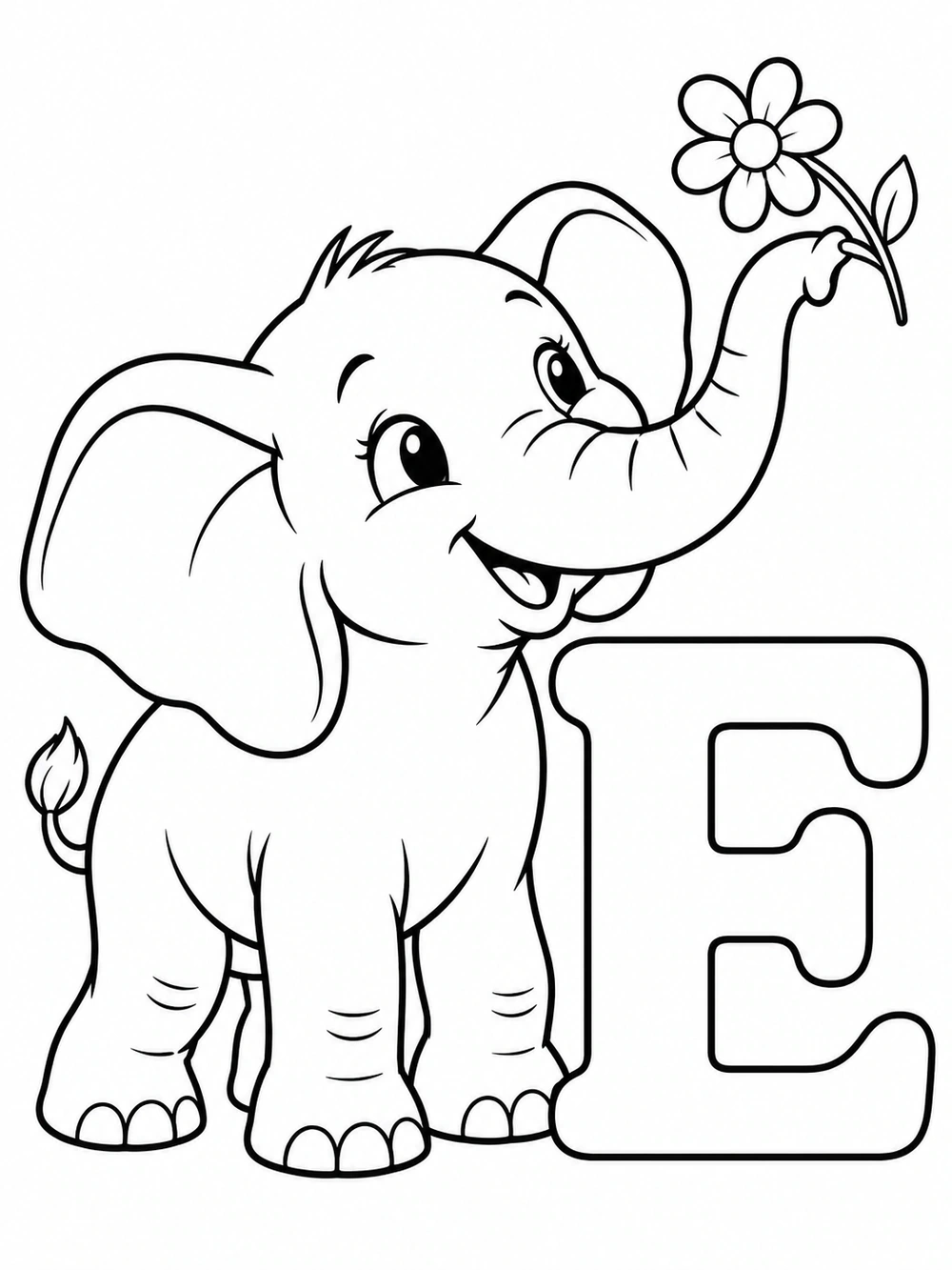 A large uppercase E beside a smiling baby elephant lifting its trunk toward a flower.