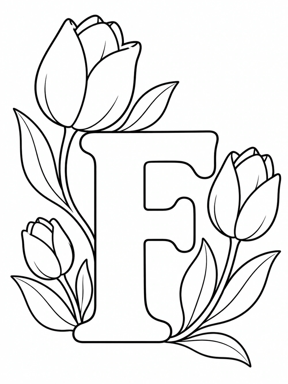 A large uppercase F surrounded by three outlined flowers of different sizes and leafy stems.