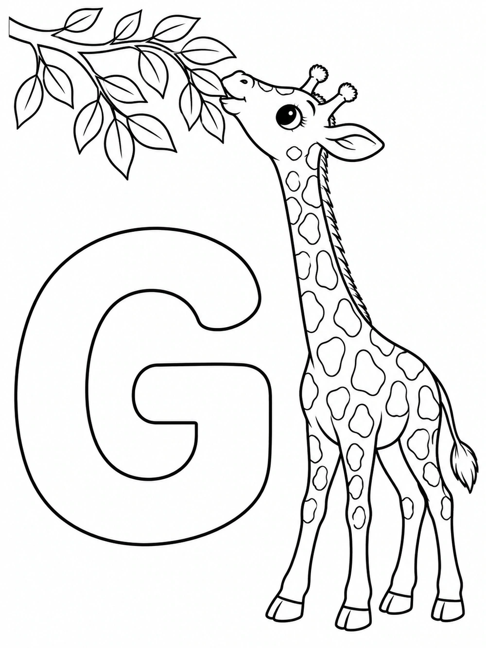 Large uppercase G beside a spotted young giraffe reaching for a leafy branch