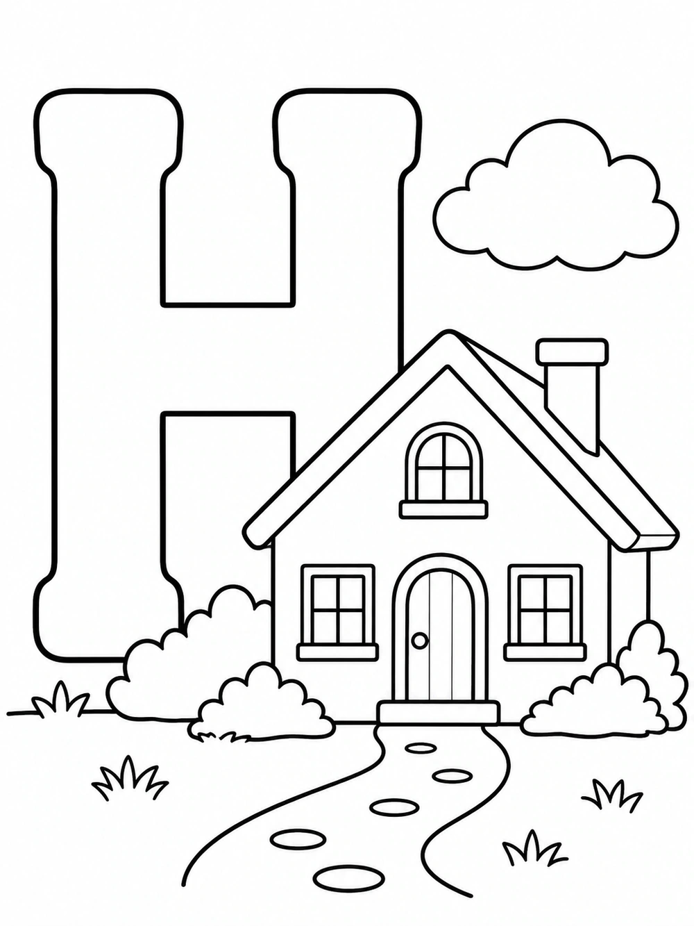 Large uppercase H beside a small house with a chimney, windows, and a winding path under a cloud.