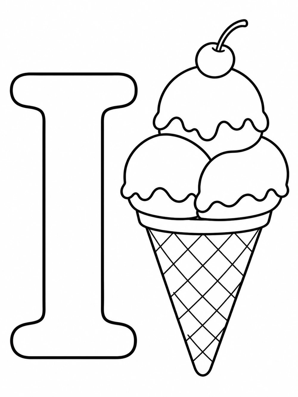 Large uppercase I next to a waffle cone holding three rounded scoops of ice cream, topped with a cherry.