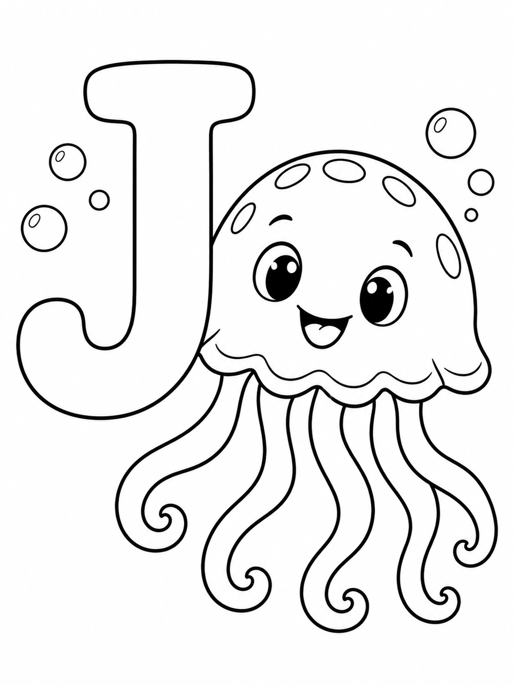 Large uppercase J beside a smiling jellyfish with five curling tentacles and bubbles