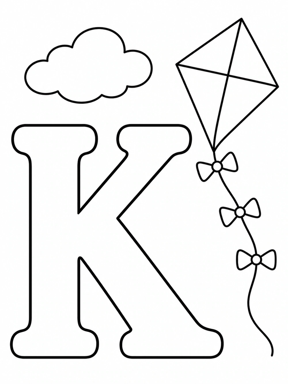 Large uppercase K beside a diamond kite, curved tail with three bows, and a cloud.