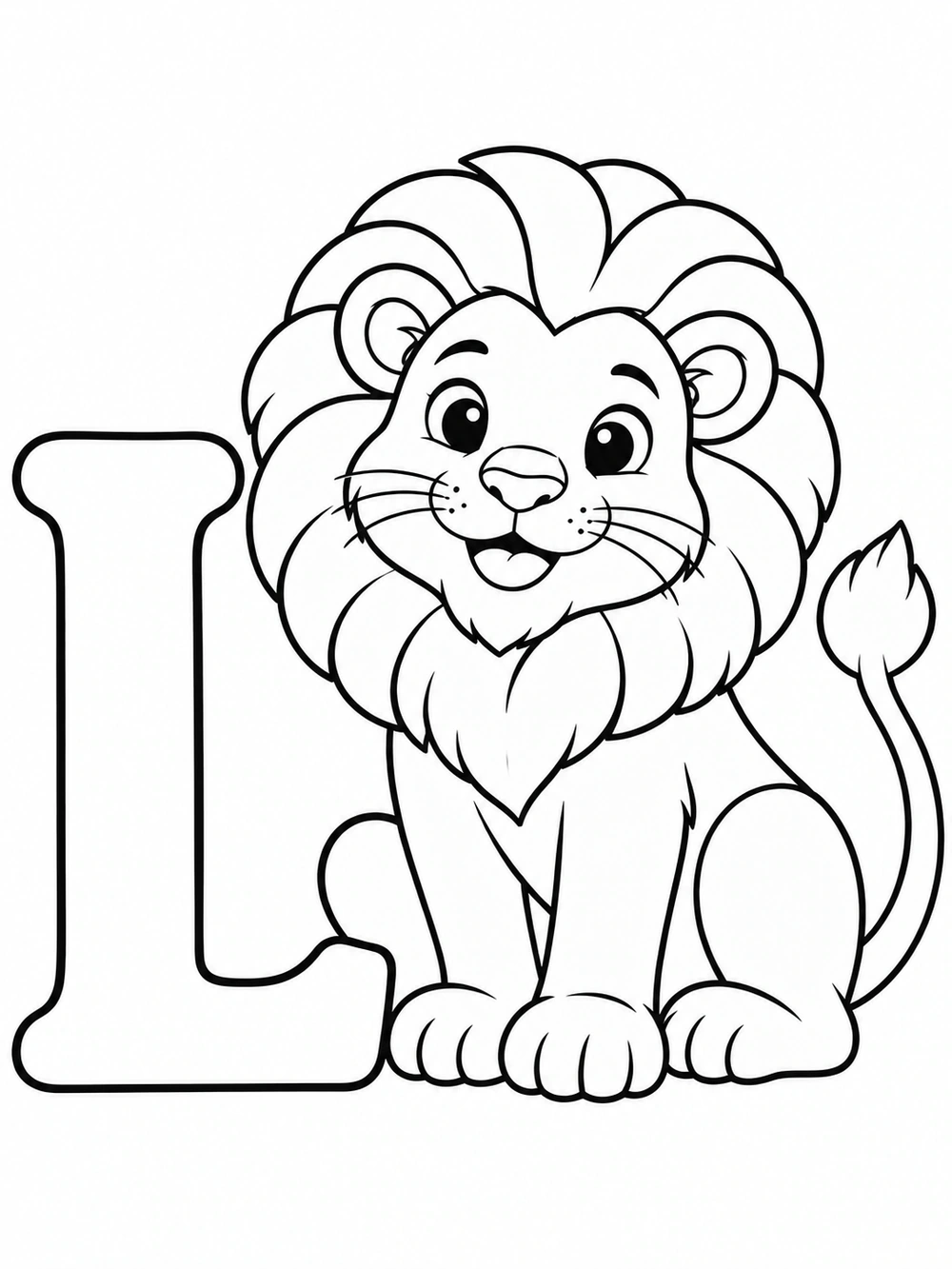 A large uppercase L beside a seated, smiling lion with a rounded mane and curved tail.