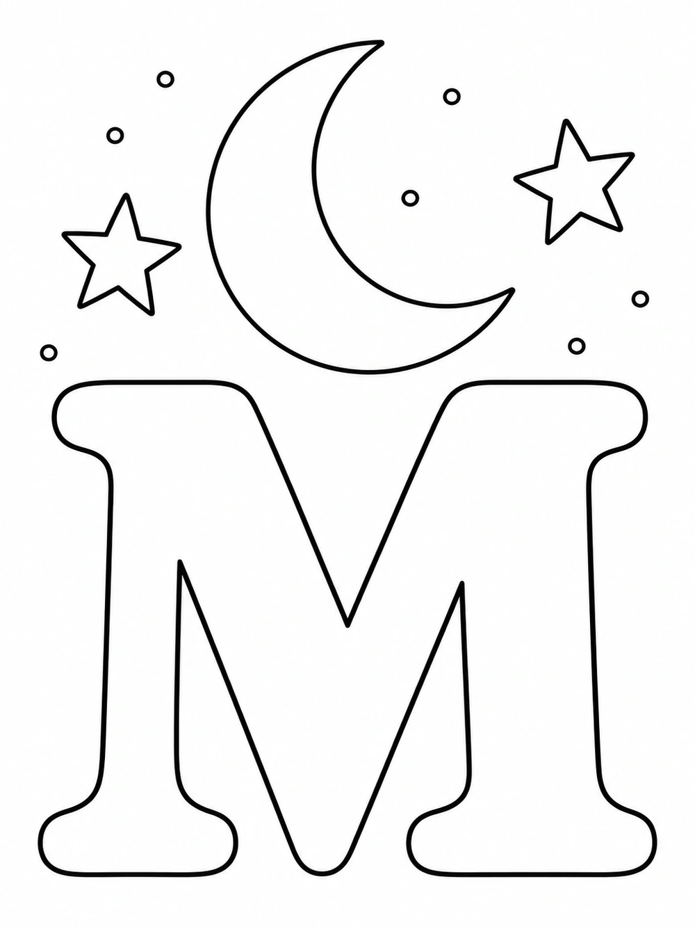 Large uppercase M beneath a crescent moon, with two five-pointed stars and small distant star dots.