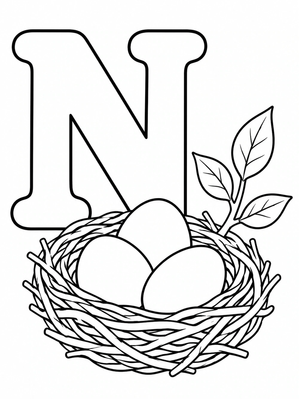 Uppercase N beside a woven nest holding three eggs, with a leafy twig.