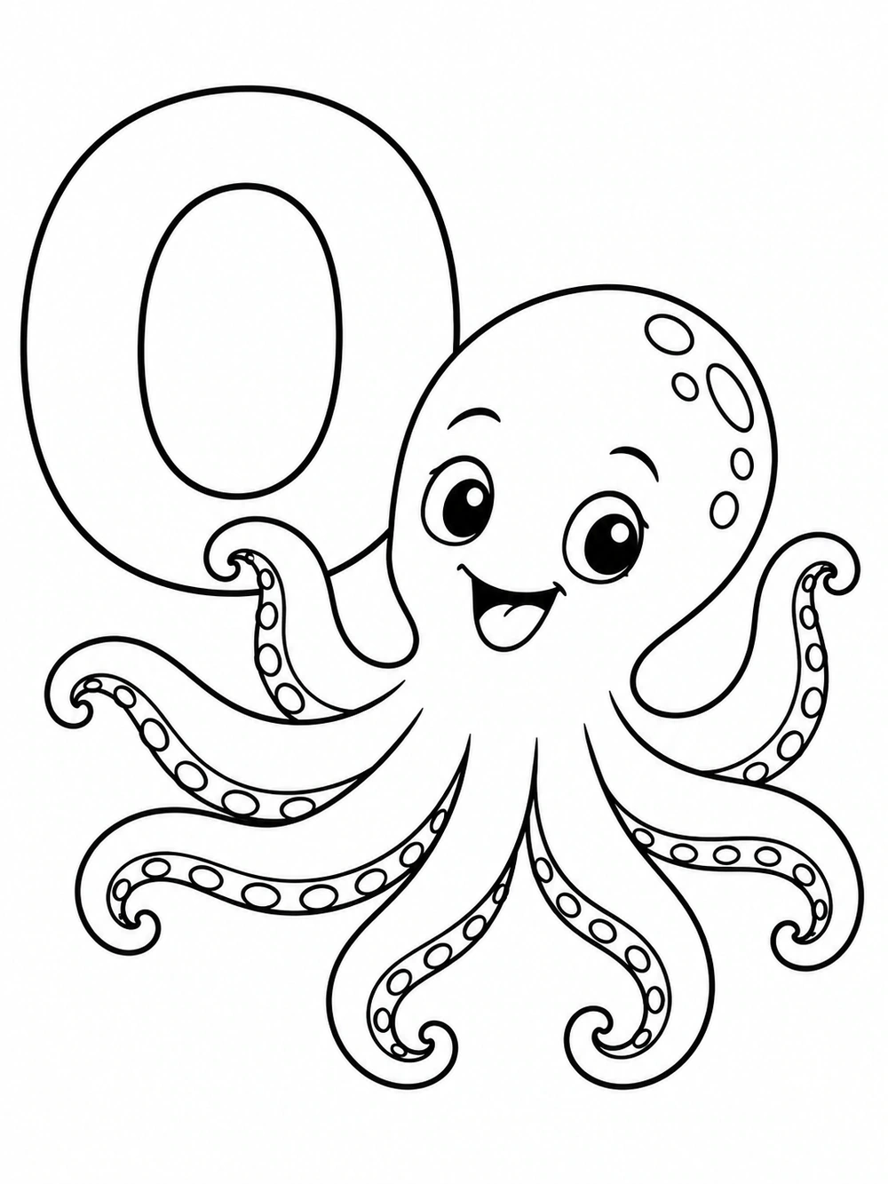 Large uppercase O beside a smiling octopus with eight curling, suction-cup-lined arms