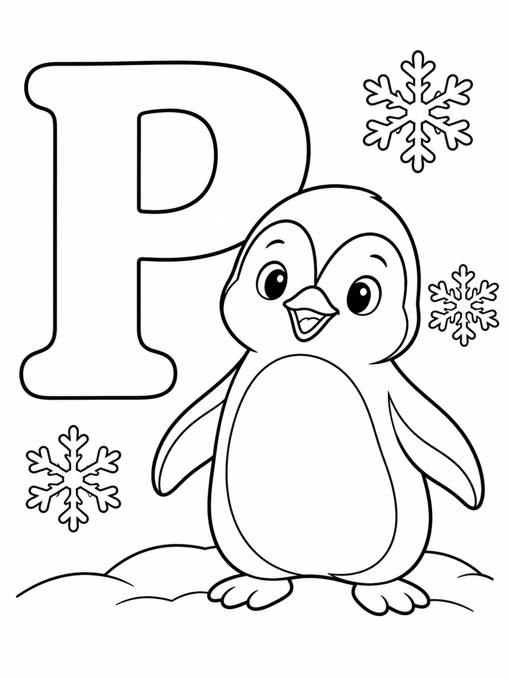 Black-and-white coloring page with a large uppercase P, a standing baby penguin, three snowflakes, and a small snow mound.
