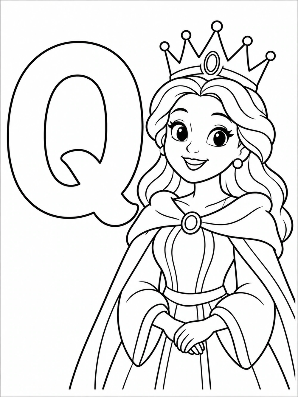 Large uppercase Q beside a smiling queen wearing a pointed crown and cape
