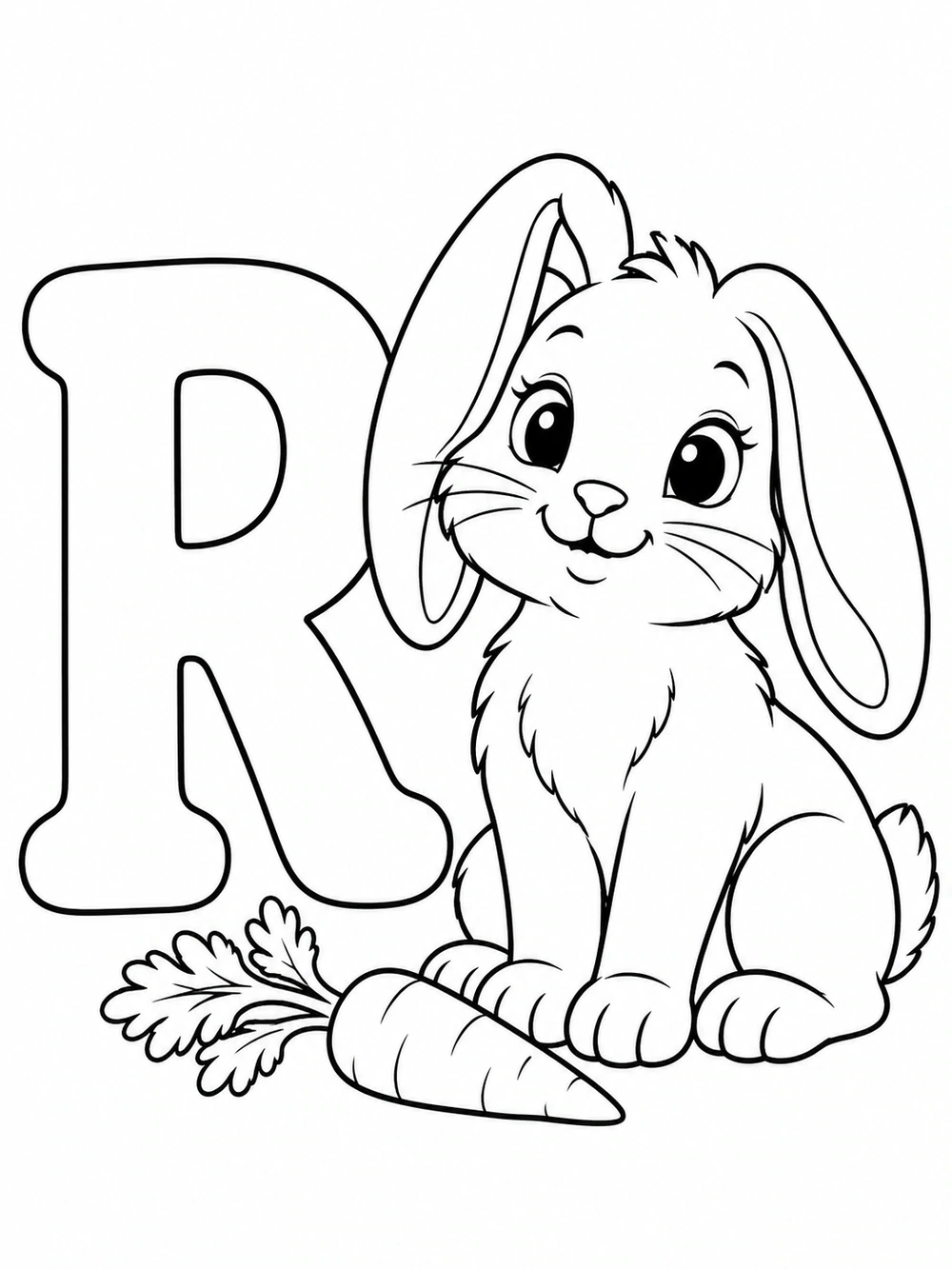 Large uppercase R beside a seated floppy-eared rabbit and one carrot