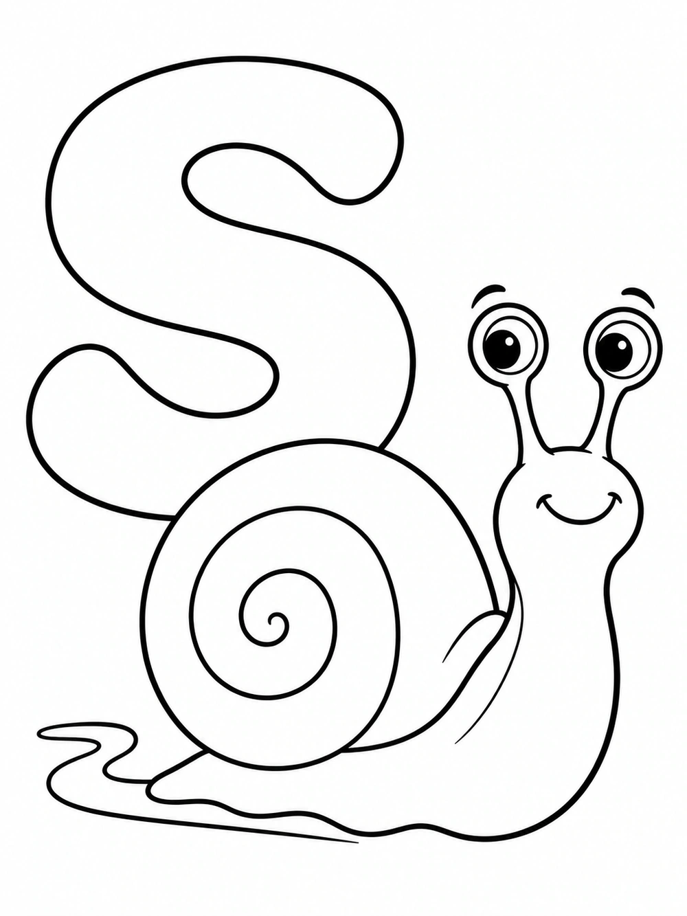 Large uppercase S beside a smiling snail with two eye stalks and a spiral shell, with a curved trail beneath.