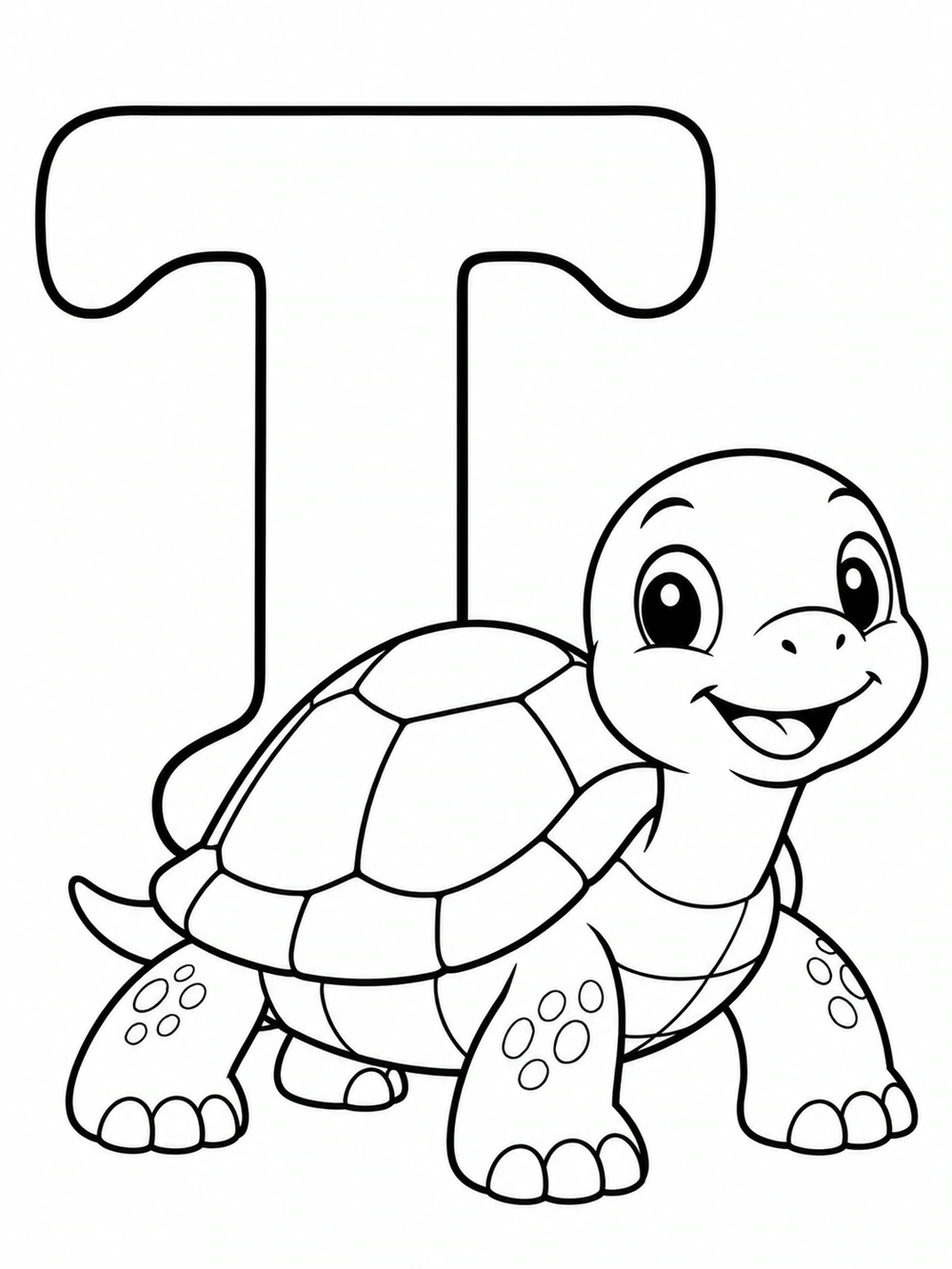 Large uppercase T beside a smiling turtle with a domed, paneled shell and four visible legs.