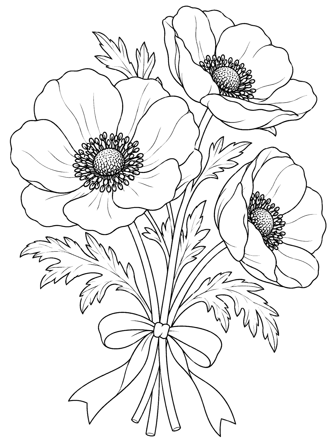 Black outline coloring page of three anemone blooms, detailed centers, leaves, stems, and a ribbon bow on white.