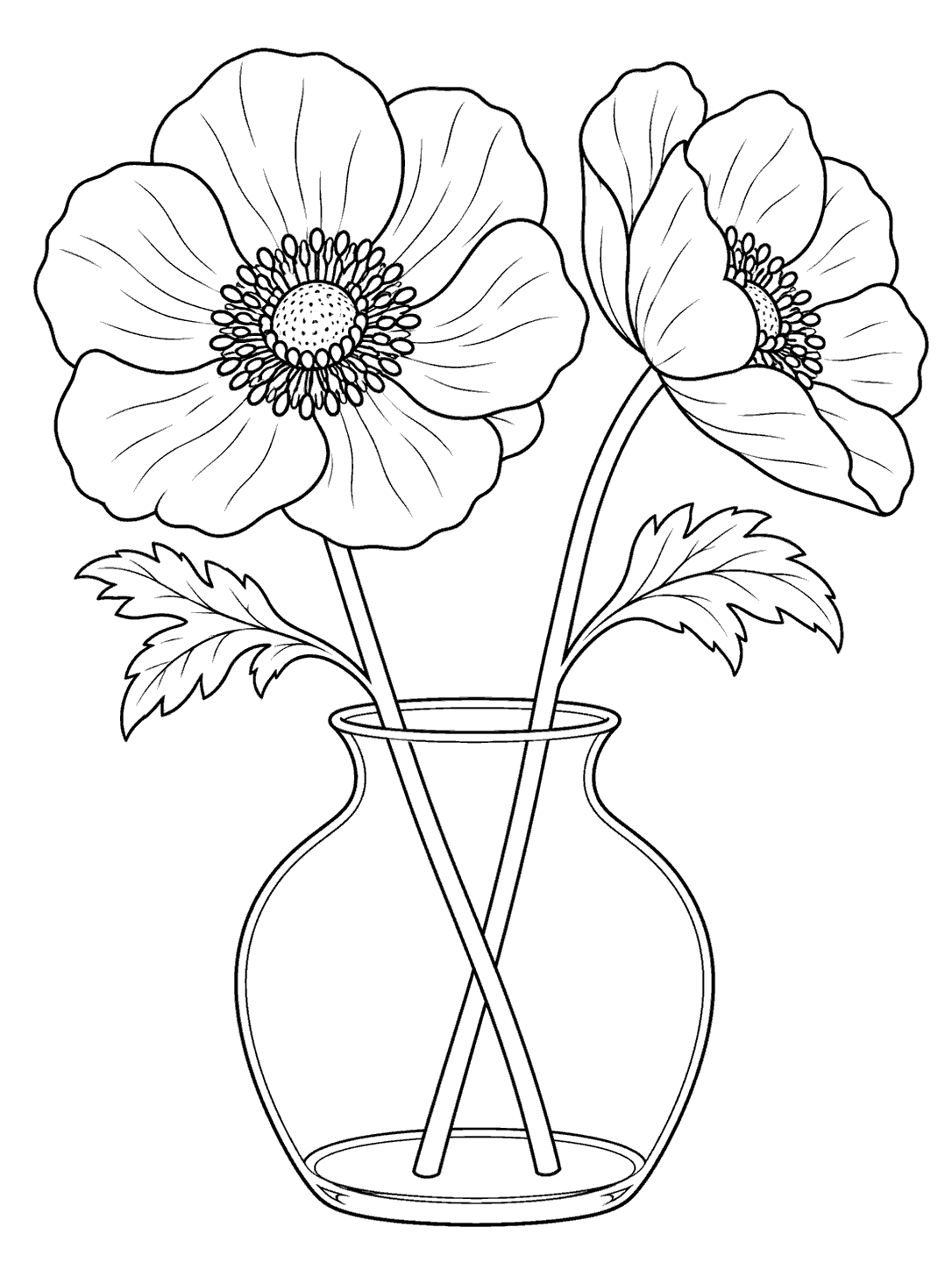 Black line art of two anemone flowers, each with one leaf, in a wide transparent vase.