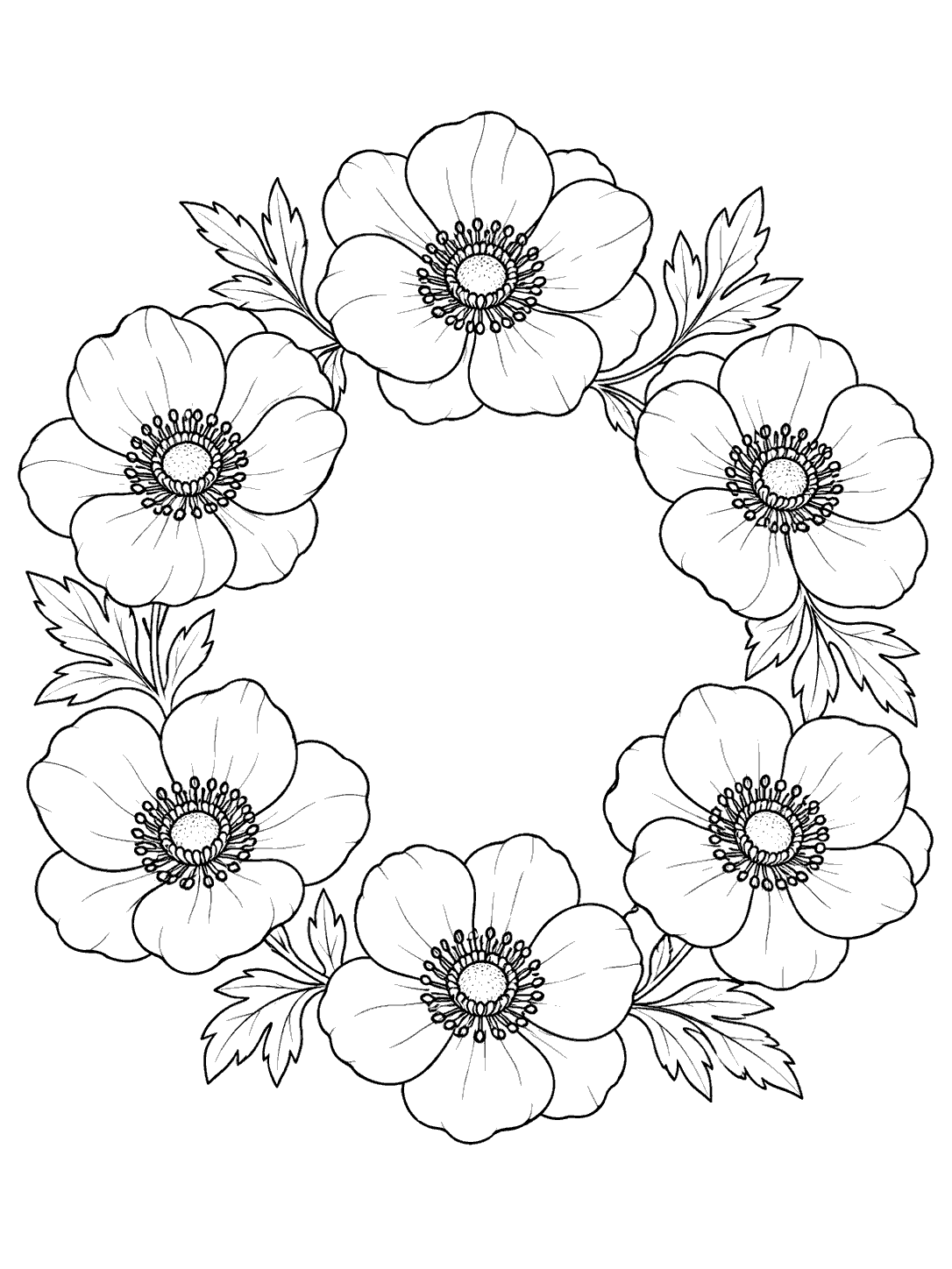 Portrait anemone wreath coloring page with six outlined flowers, scattered leaves, and a large open center.