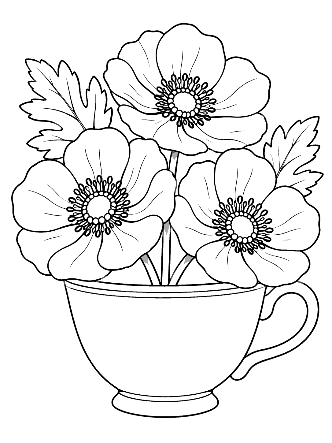 Anemone coloring page showing three large flowers and two leaves in a blank teacup