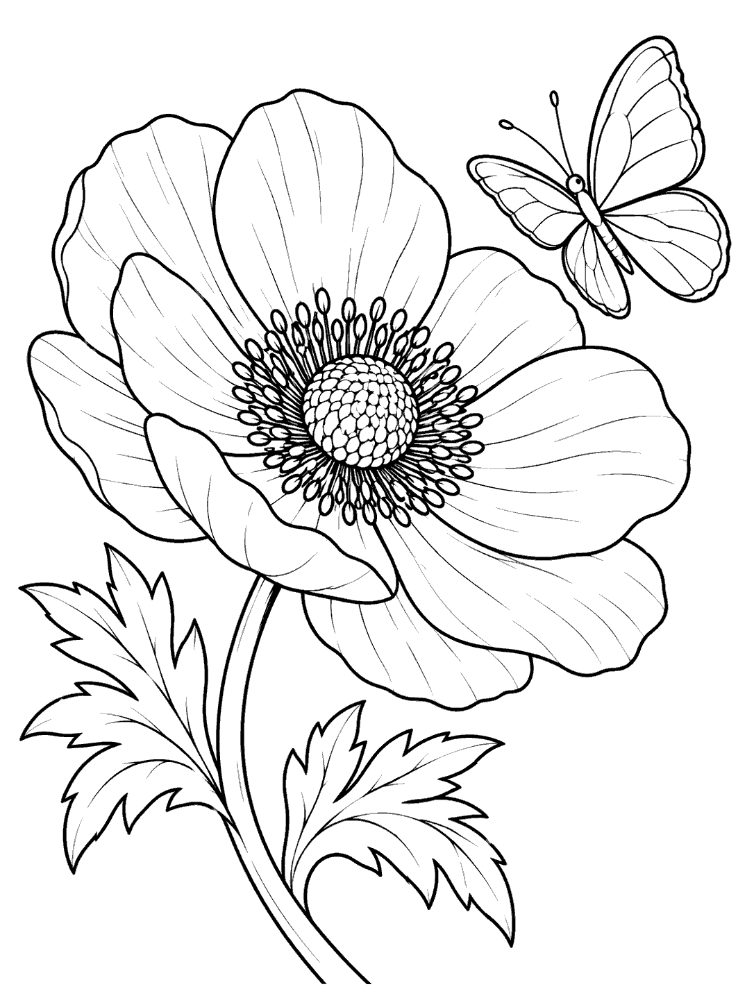 Black-outline coloring page with a large anemone on a curved stem, leafy foliage, and a nearby butterfly.