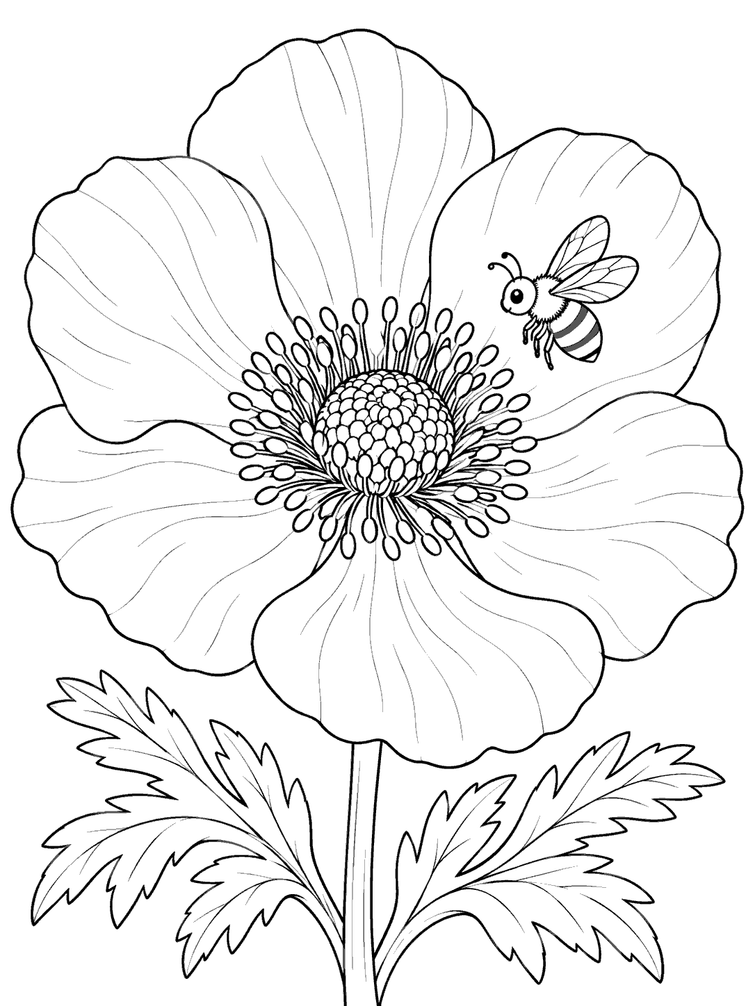 Anemone coloring page with a bee hovering beside its center