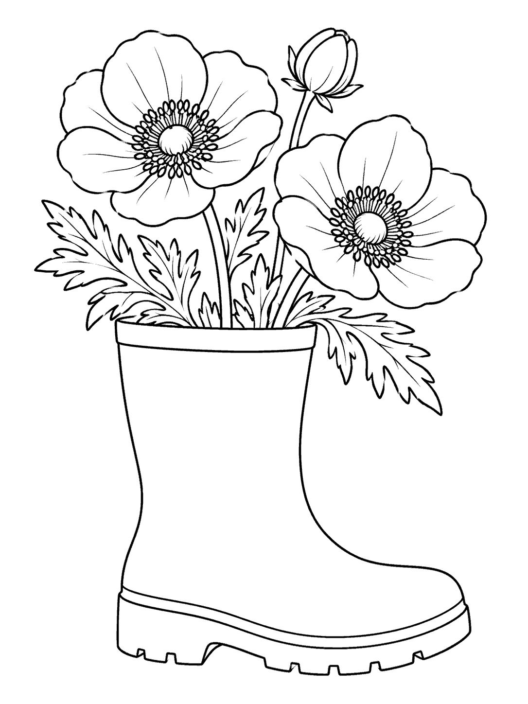 Black-and-white coloring page of two large anemone flowers and a bud with leafy stems growing from a plain rain boot planter.