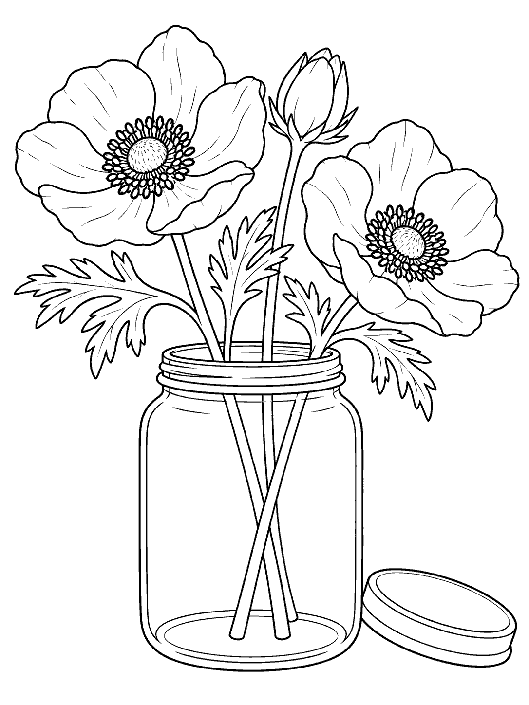 Black-and-white coloring page of two open anemone blooms and one bud arranged in a clear jar with a lid beside it.