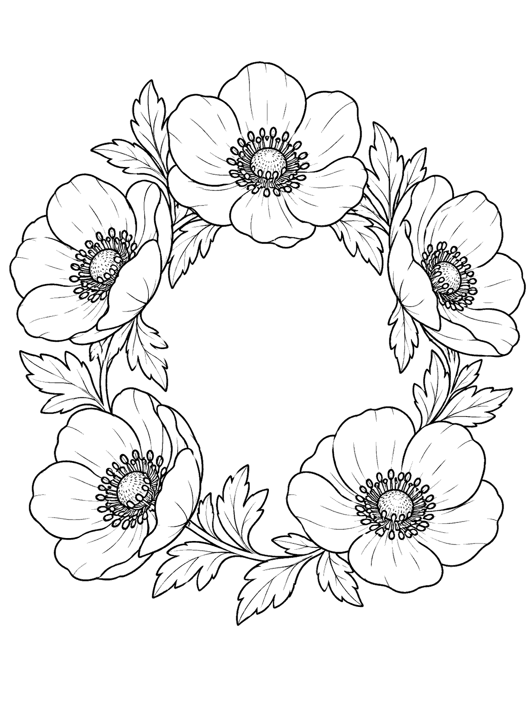 Black outline coloring page of a curved crown with five anemone blooms and leaves around an open center.