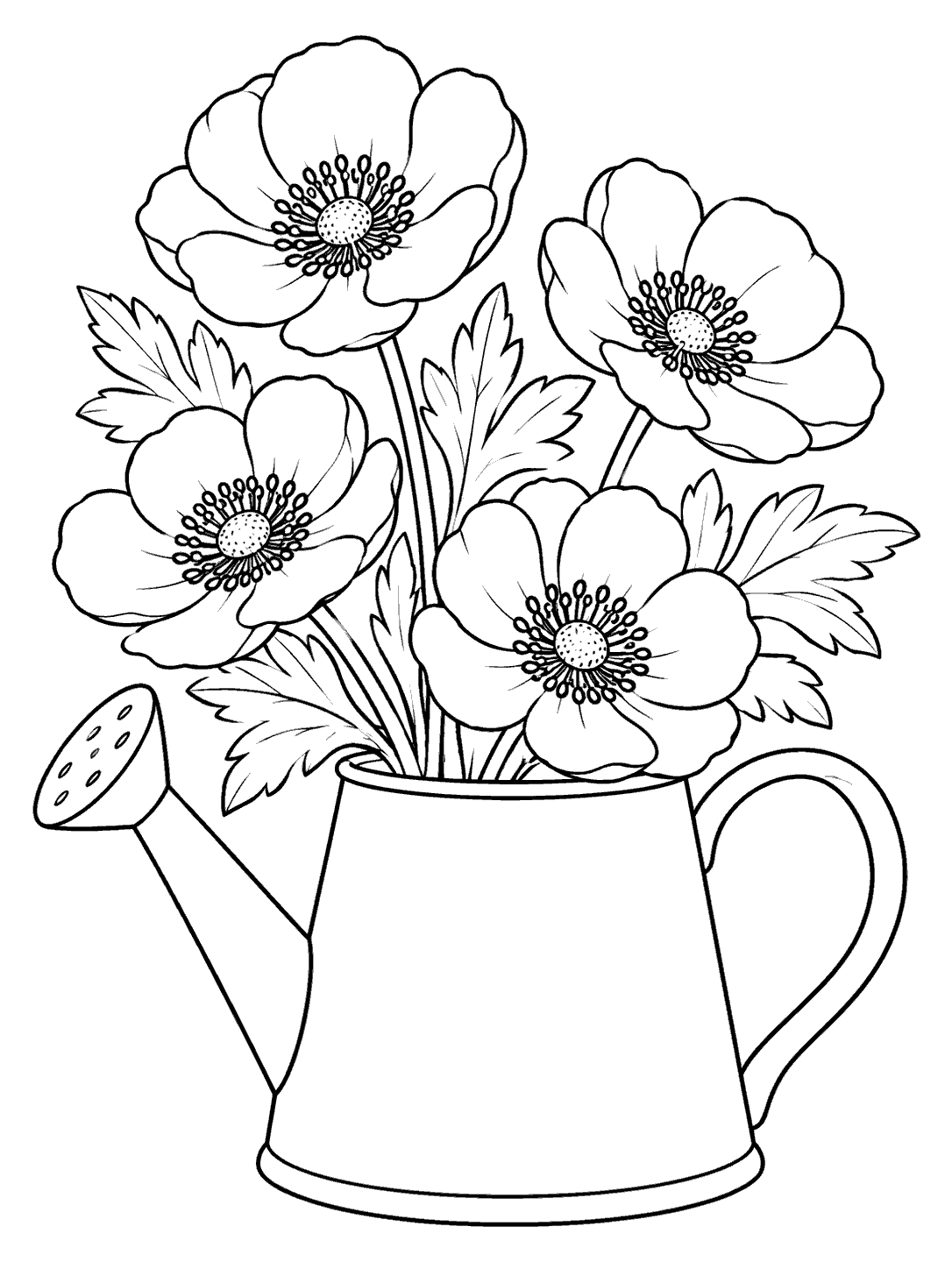 Anemone coloring page showing four flowers and broad leaves arranged in a watering can
