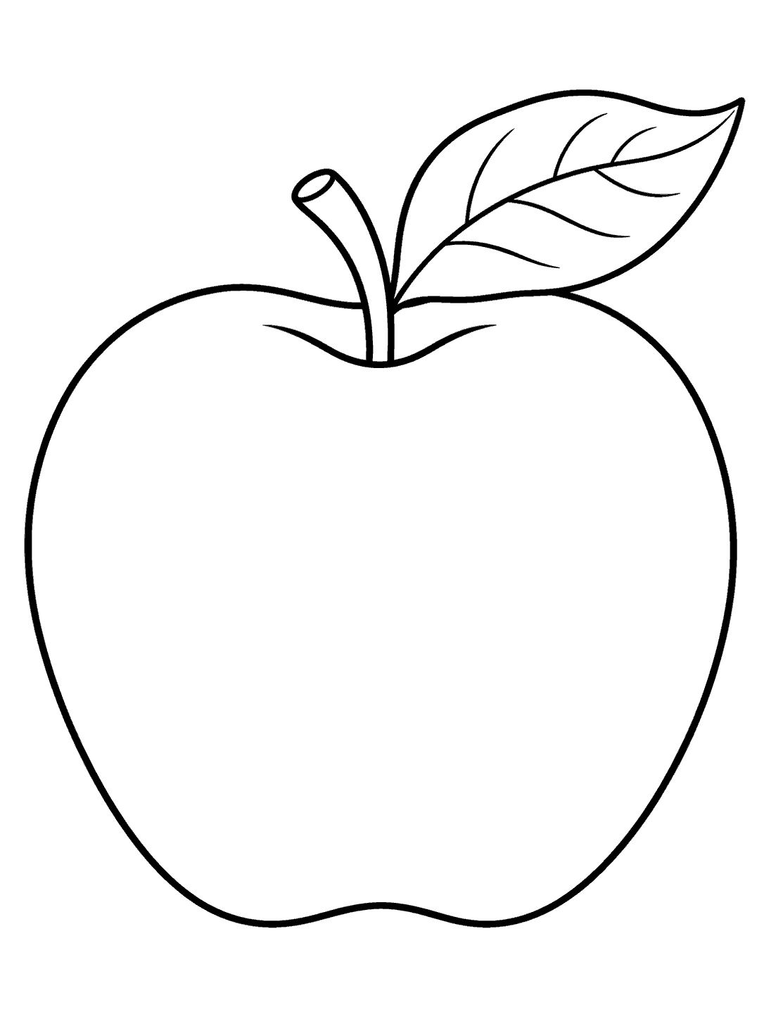 A large round apple outline with a curved stem and a broad veined leaf on a white background.