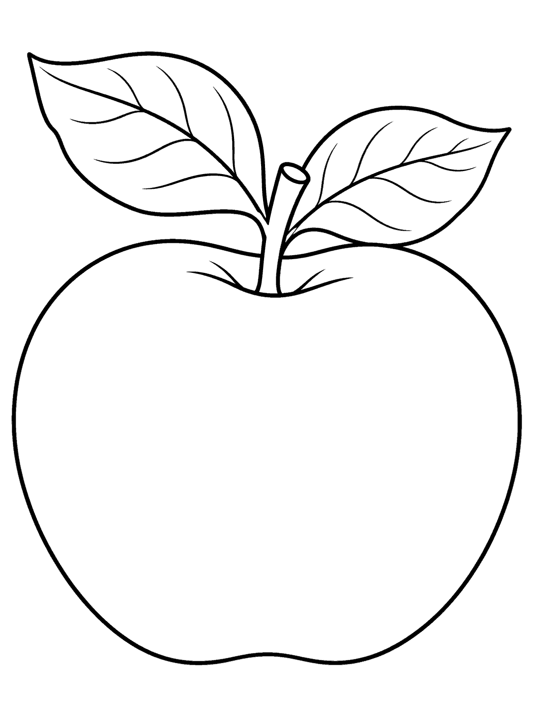 A large outlined apple with a short stem and two veined leaves fanning outward.