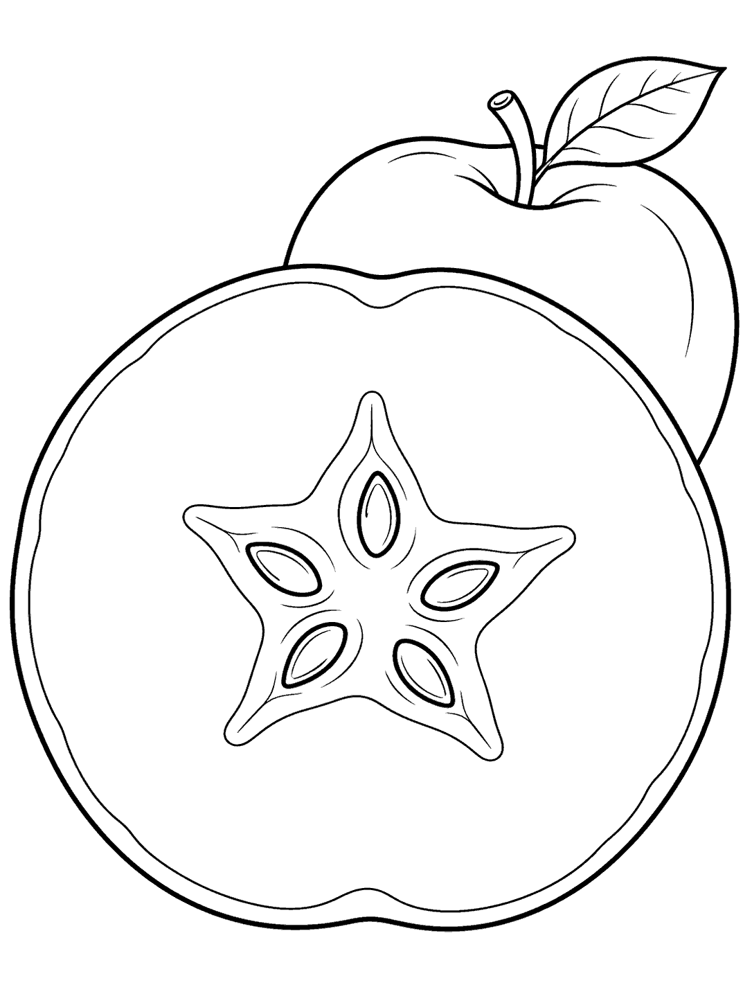 A large circular apple cross-section with five seeds and a whole apple with a leaf behind it.
