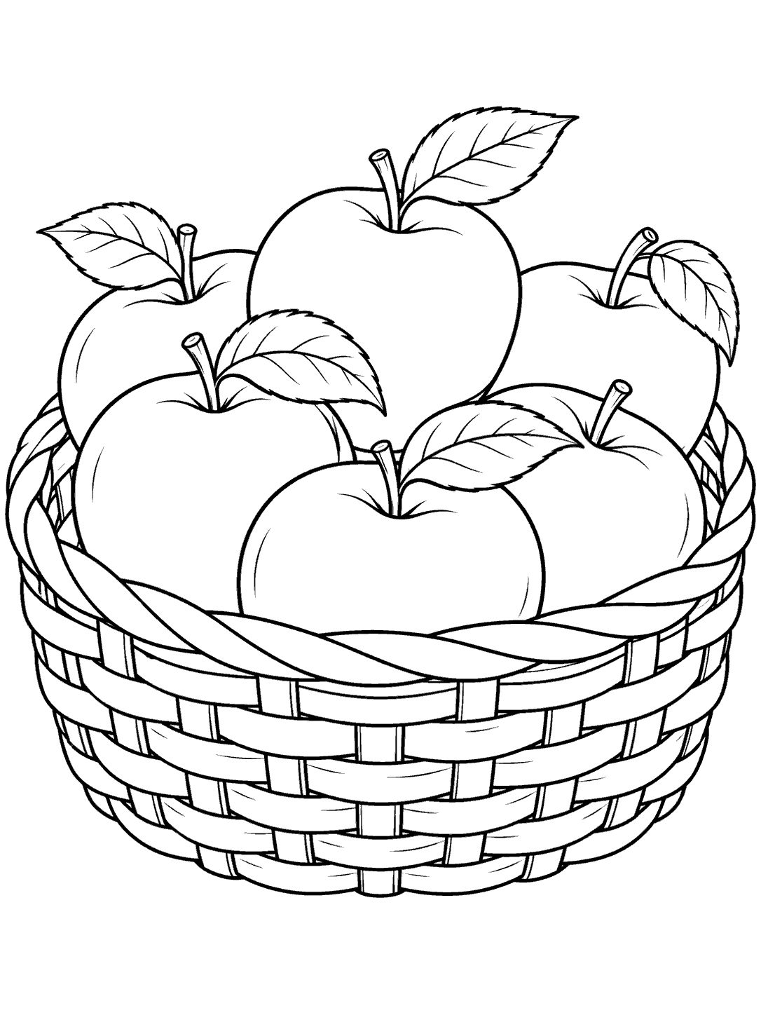A low, wide woven basket filled with apples, their stems and leaves visible.