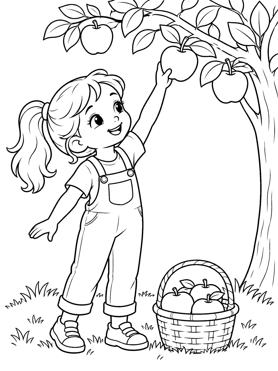 A child picking an apple beside a basket