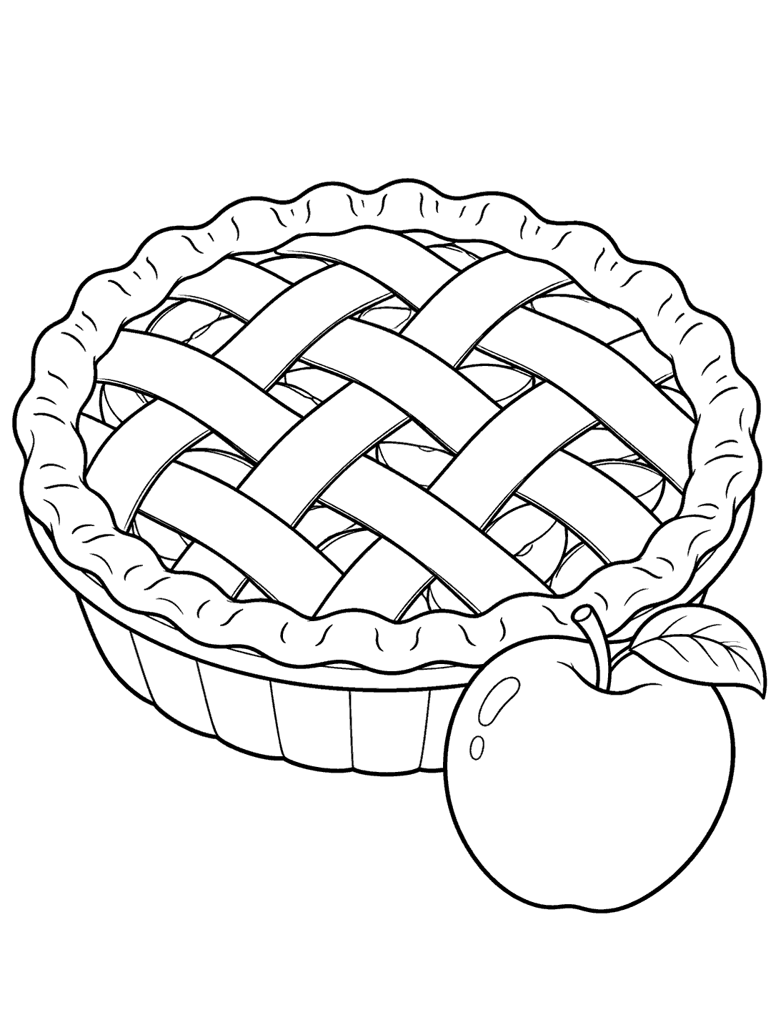 Black-line coloring page showing a large lattice-crust pie in a shallow dish and one whole apple beside it.
