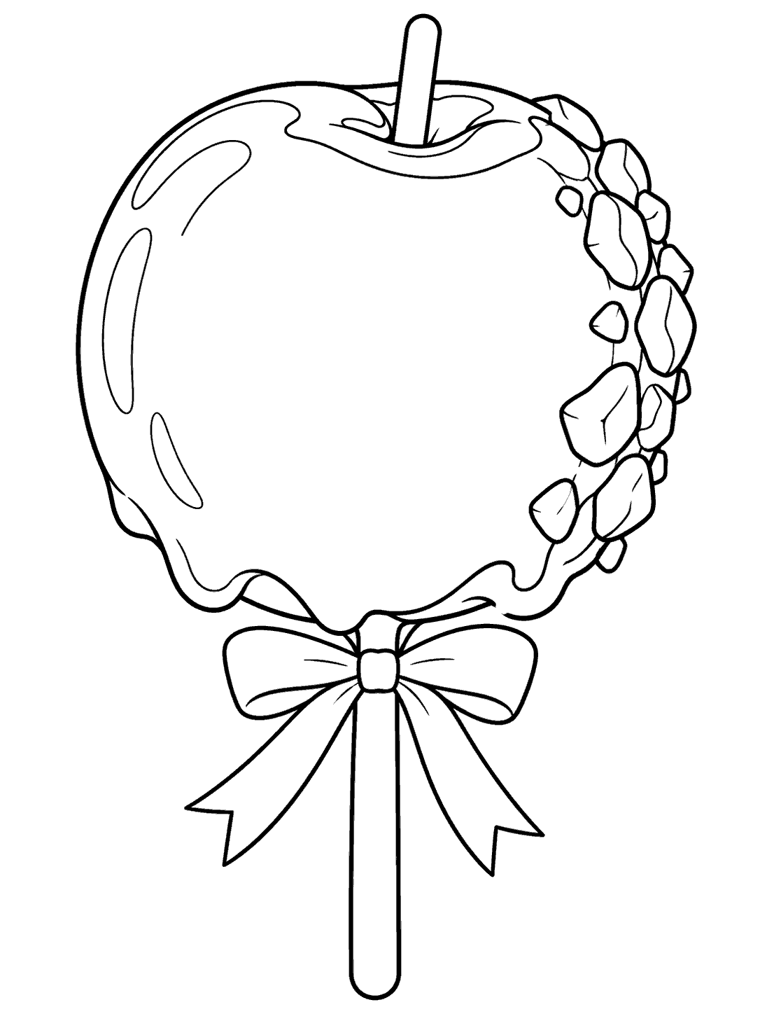 A large caramel apple on a stick with a ribbon bow and nut pieces along one edge.