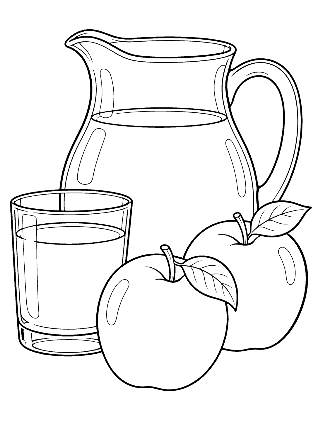 Black-outline coloring page of an apple juice pitcher and glass beside two apples