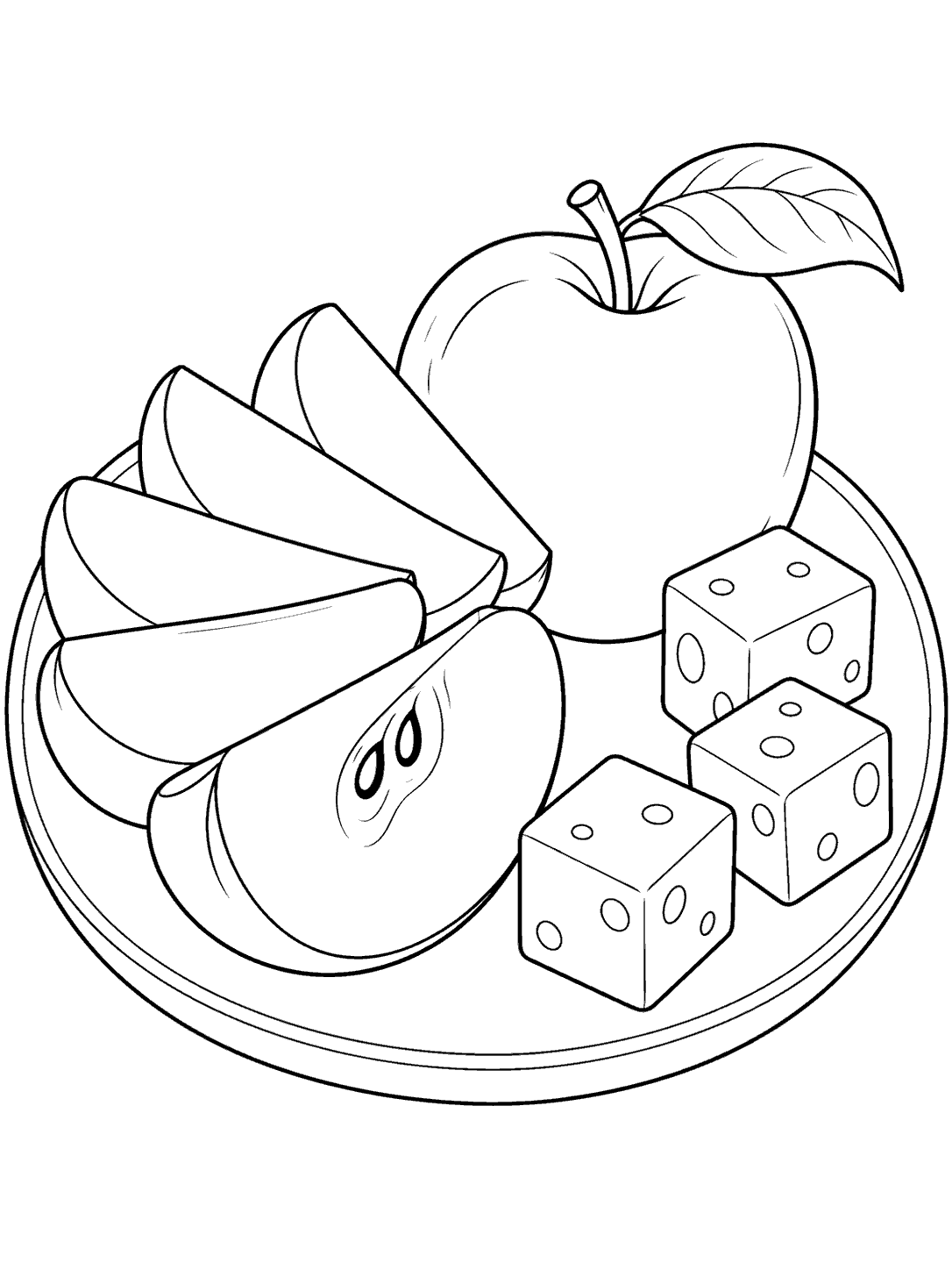 A fan of apple wedges and a seeded apple slice arranged beside three cheese cubes on a round plate.