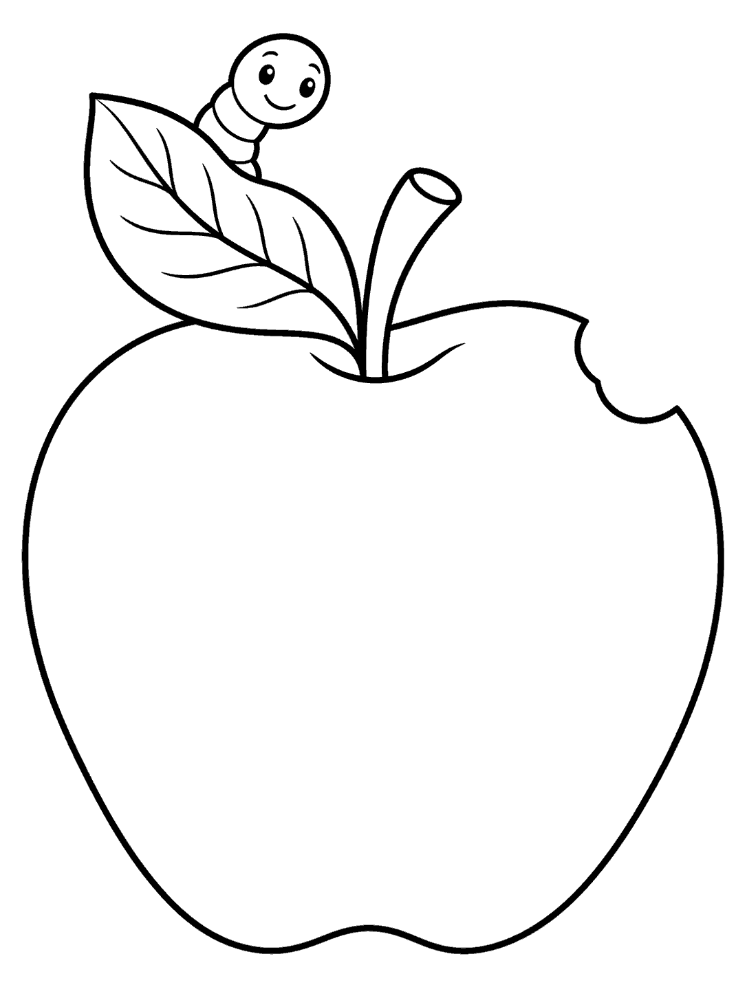 A smiling worm peeks above a large apple with a bite-shaped notch near the top edge.