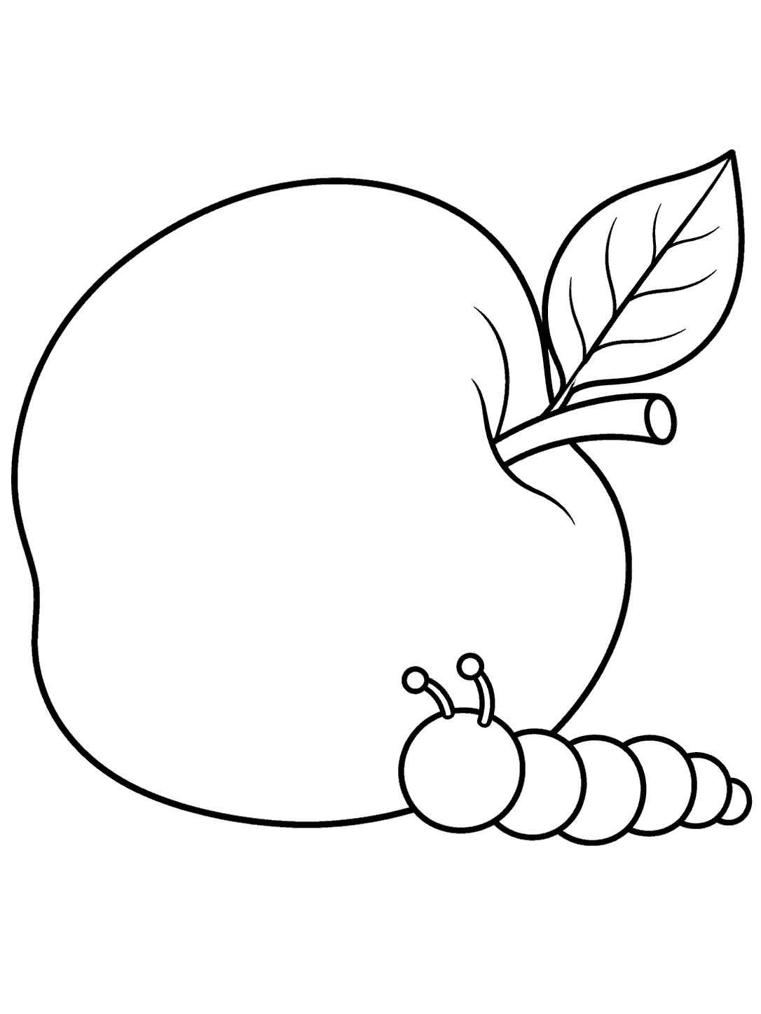 A small caterpillar beside a large fallen apple with a stem and leaf.
