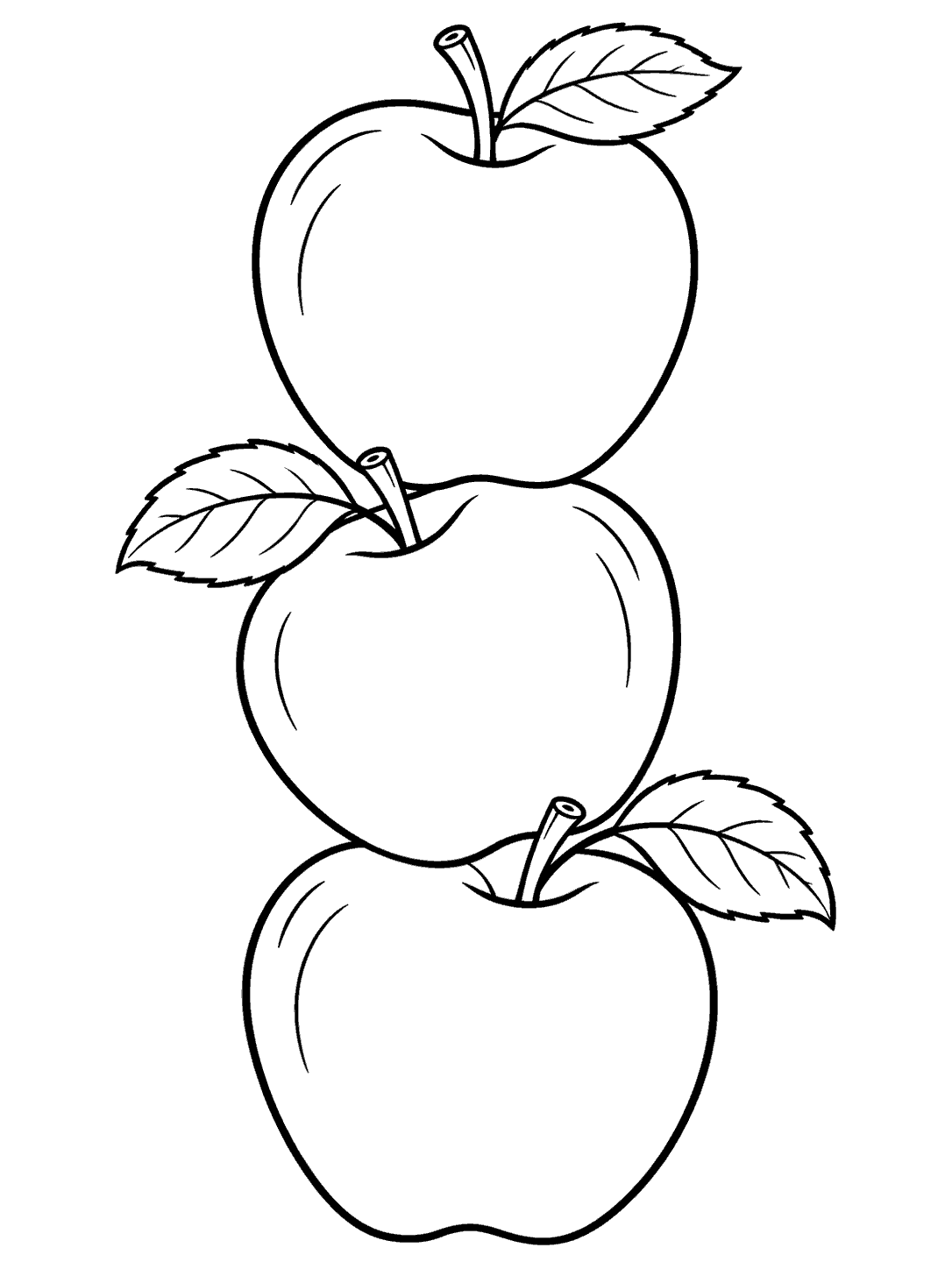Three whole apples stacked vertically, each with a stem and leaf, in bold black outlines on white.
