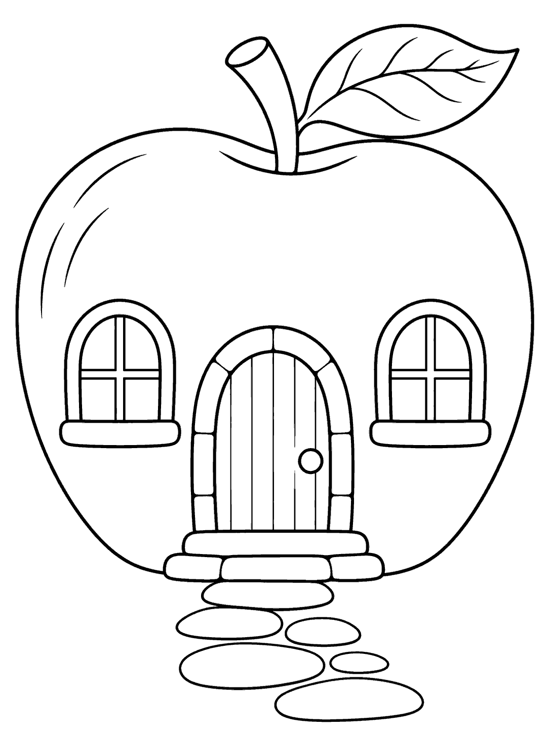 Black-outline coloring page of a cottage shaped like a large apple, with a leafy stem, arched door, two windows, and stepping stones.