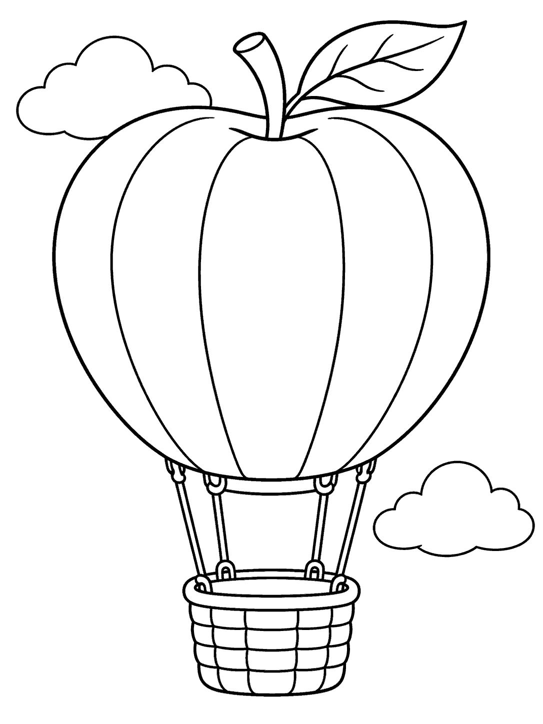 An apple-shaped hot-air balloon with a stem, leaf, ropes, an empty basket, and two clouds.