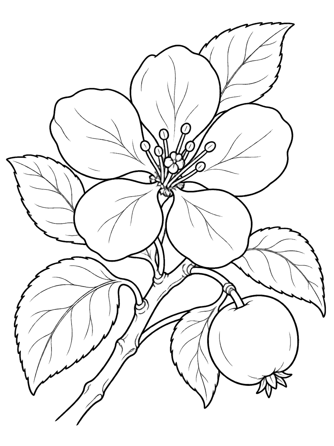 Black-outline apple blossom with broad petals, leaves, and a young apple