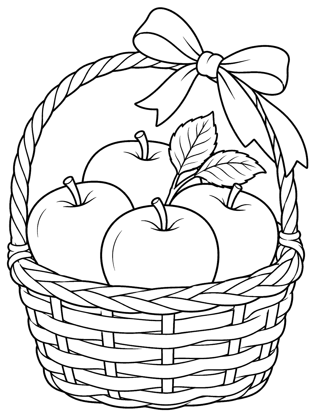 A handled woven basket filled with four apples, topped with a leafy sprig and a large ribbon bow.