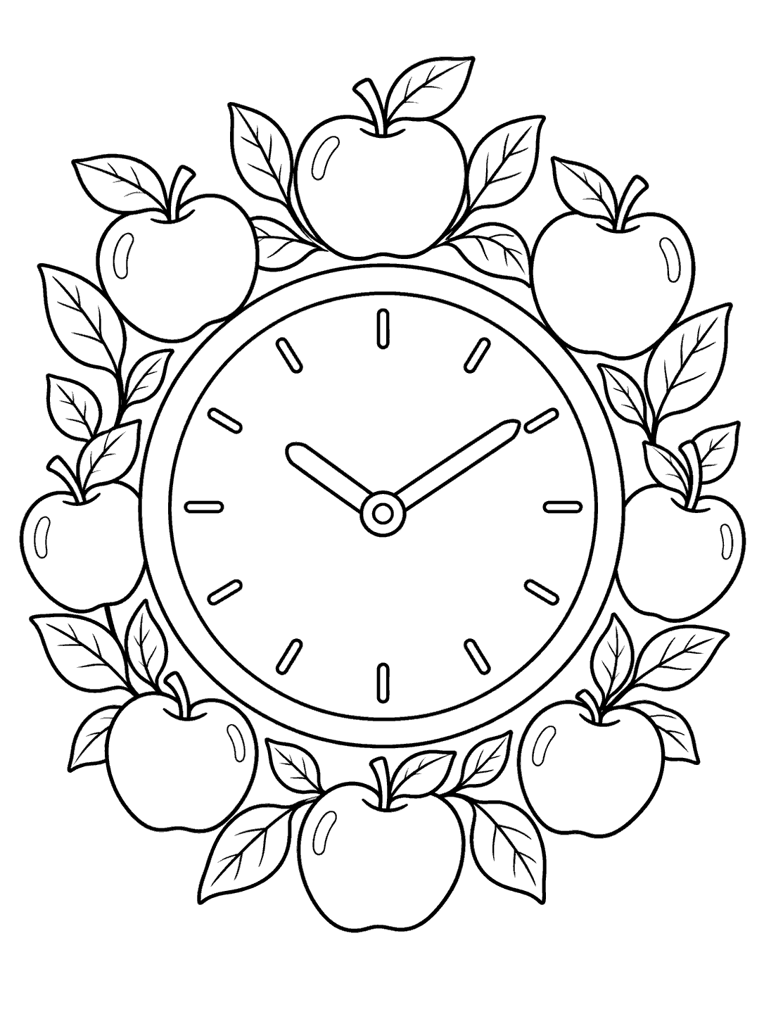 A large round clock with twelve tick marks and two hands, surrounded by a wreath of apples and leaves in black outlines.