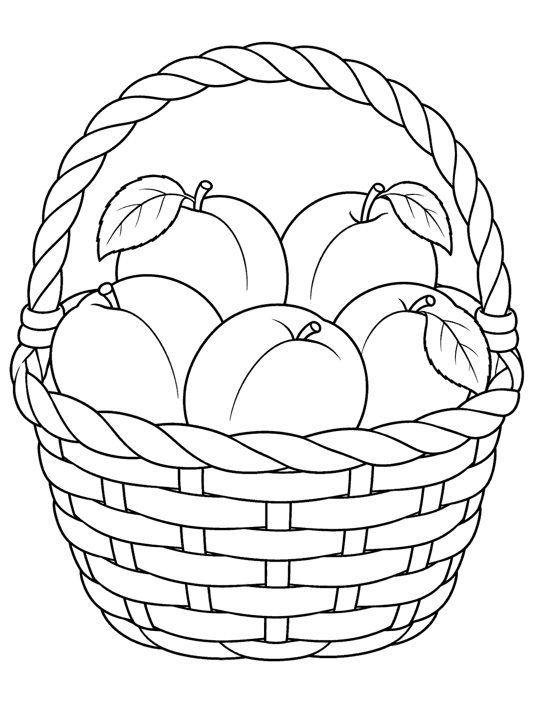 Black-and-white coloring page showing five apricots with leaves in a broad woven basket with a tall arched handle.