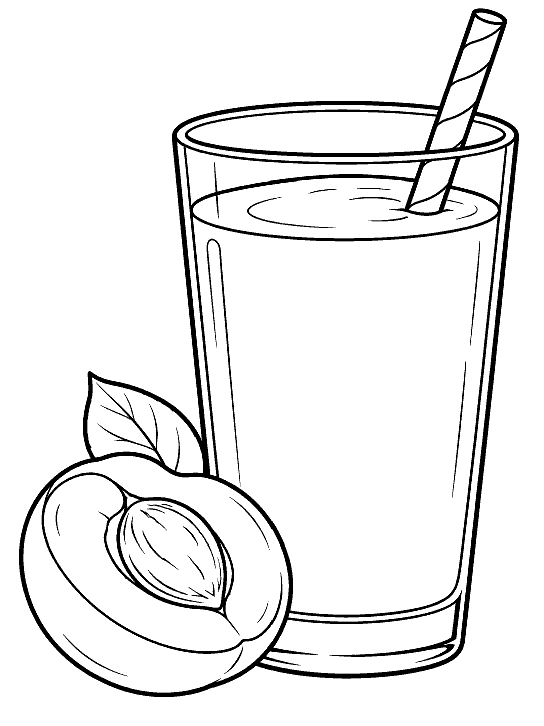 A tall glass of smoothie with a straw beside an apricot half and leaf.