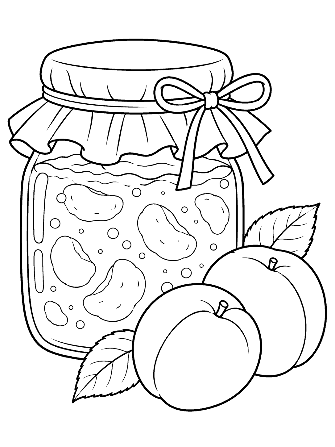 Black and white coloring page showing a jar of apricot jam with a fabric cover and bow, beside two apricots and leaves.